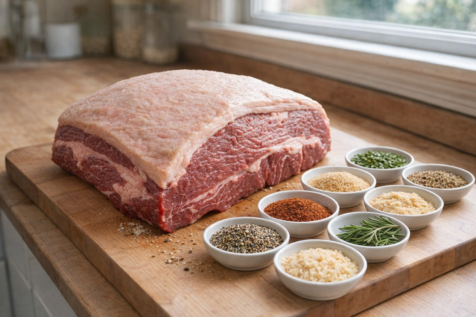 A raw beef brisket, point cut, on a cutting board, trimmed to a half-inch fat cap, surrounded by various spices in small bowls, bright kitchen lighting